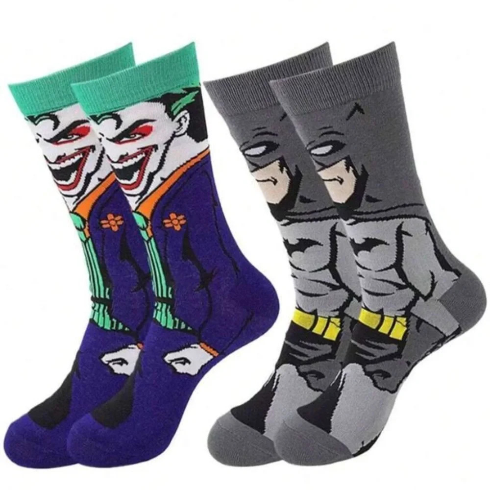 2 pair multicolored DC comics Batman Joker mens crew socks gray purple green